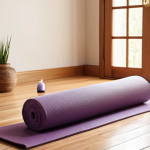 **A serene and tidy yoga space at home, bathed in natural light, featuring a comfortable yoga mat, bolster, and essential oil diffuser, creating a peaceful atmosphere.**