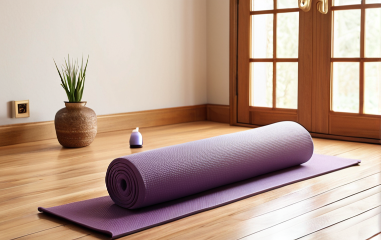 **A serene and tidy yoga space at home, bathed in natural light, featuring a comfortable yoga mat, bolster, and essential oil diffuser, creating a peaceful atmosphere.**