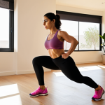 **Prompt:** A confident and empowered Arab woman in her late 20s to early 30s, performing a dynamic bodyweight glute exercise (like a deep squat or a powerful lunge) in a modern, sun-drenched home living room. Her posture is strong, reflecting a journey of personal transformation and self-belief. A sleek tablet or screen in the background displays a sophisticated, AI-driven fitness app interface, hinting at personalized training. The overall mood is uplifting, showcasing the freedom and effectiveness of advanced home fitness. Natural light, minimalist decor, high-quality athletic wear.