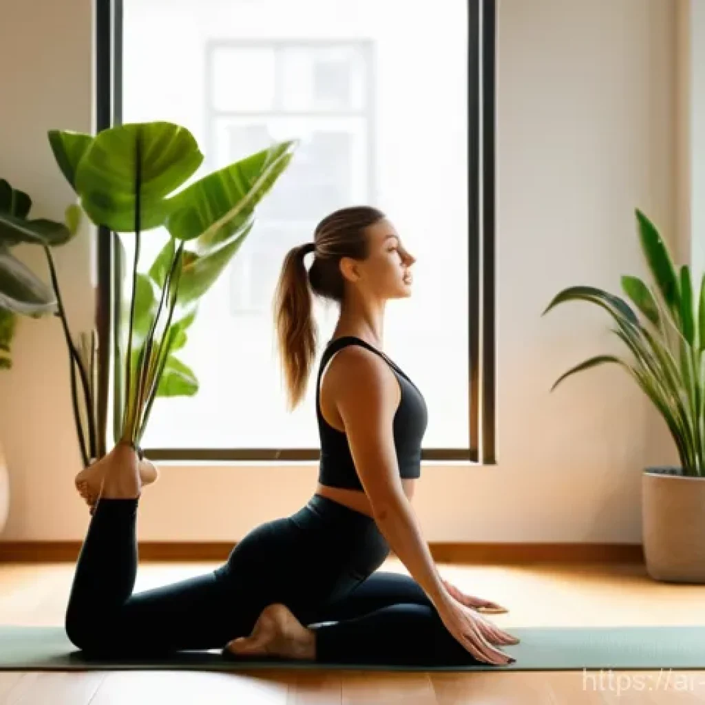 홈트 운동으로 얻을 수 있는 장기적인 효과 - **Prompt 1: Serene Home Yoga Session**
A young woman in her late 20s, with a gentle smile, grace...