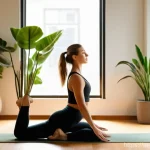 Home 13 홈트 운동으로 얻을 수 있는 장기적인 효과 - **Prompt 1: Serene Home Yoga Session**
A young woman in her late 20s, with a gentle smile, grace...