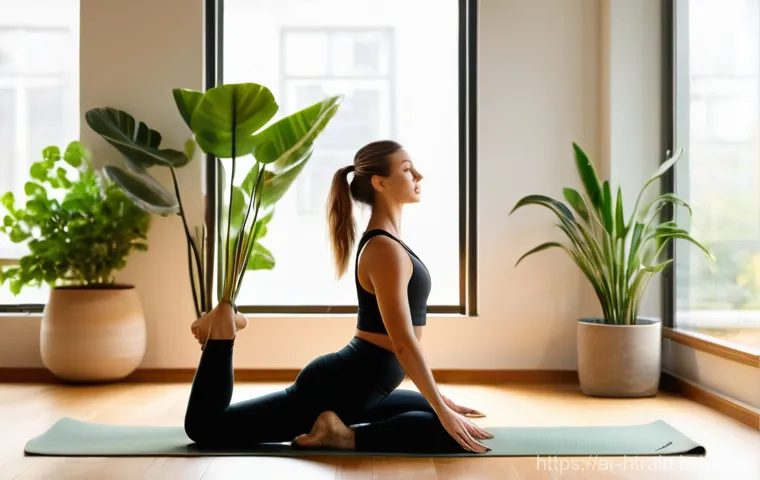 홈트 운동으로 얻을 수 있는 장기적인 효과 - **Prompt 1: Serene Home Yoga Session**
A young woman in her late 20s, with a gentle smile, grace...