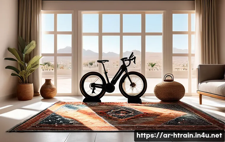 홈트 운동 기계 추천 - A modern home gym scene in a cozy Middle Eastern living room with traditional Arabic decor elements,...