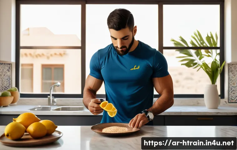 홈트 운동 전후 영양 섭취 - A Middle Eastern man in his late 20s preparing a balanced pre-workout meal in a modern kitchen decor...