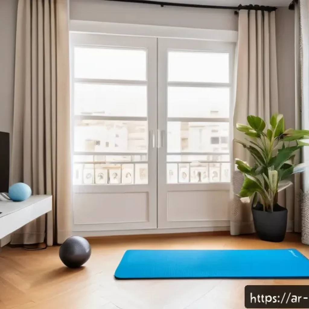 홈트 운동법 도전 과제 - A bright, clean home workout corner in a modern Arab apartment, featuring a neatly organized exercis...