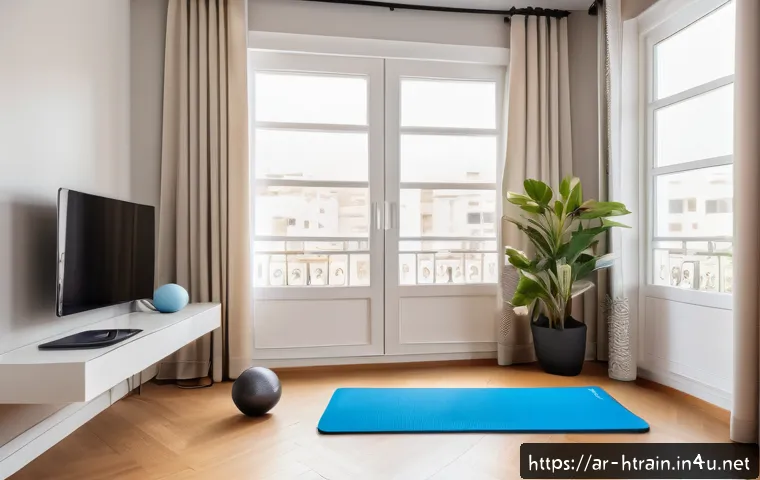 홈트 운동법 도전 과제 - A bright, clean home workout corner in a modern Arab apartment, featuring a neatly organized exercis...