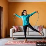 Home 22 홈트 체지방 감소 운동 - A fit Arab woman in modest activewear, jumping rope inside a small, cozy living room with traditiona...