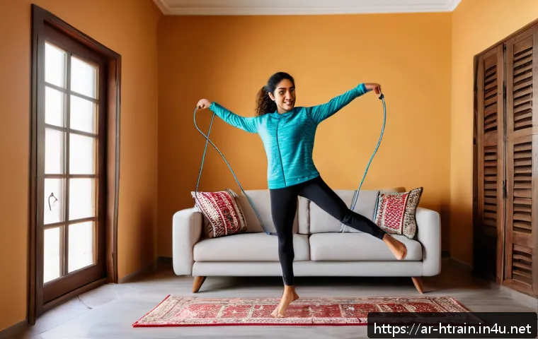 홈트 체지방 감소 운동 - A fit Arab woman in modest activewear, jumping rope inside a small, cozy living room with traditiona...