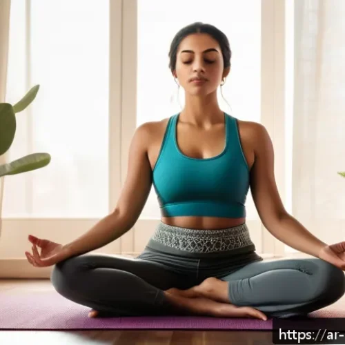 Home 33 홈트 운동 전 호흡법 - A serene indoor yoga scene featuring an Arabic woman in modest, comfortable workout attire practicin...