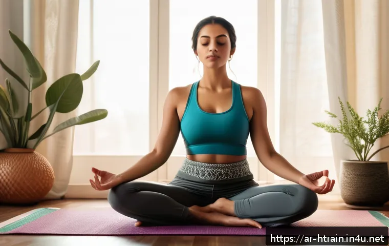 홈트 운동 전 호흡법 - A serene indoor yoga scene featuring an Arabic woman in modest, comfortable workout attire practicin...