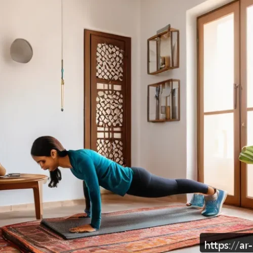 Home 32 홈트 운동 프로그램 - A Middle Eastern woman in modest, comfortable sportswear performing home strength exercises like squ...