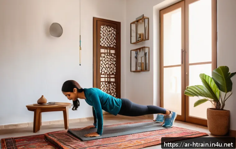홈트 운동 프로그램 - A Middle Eastern woman in modest, comfortable sportswear performing home strength exercises like squ...