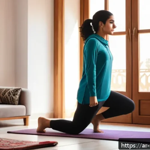 Home 31 홈트 운동으로 얻은 신체적 변화 - A young Arab woman in modest sportswear performing morning home exercises in a cozy living room with...