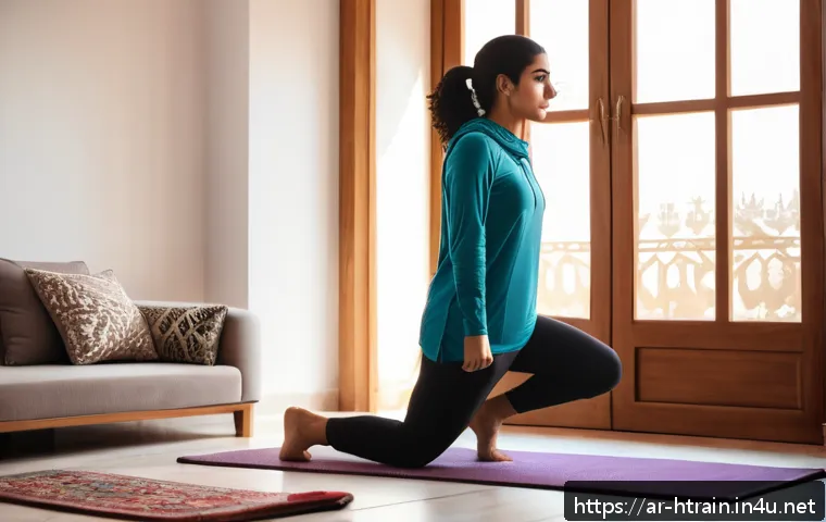 홈트 운동으로 얻은 신체적 변화 - A young Arab woman in modest sportswear performing morning home exercises in a cozy living room with...