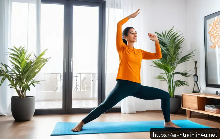 홈트 운동을 위한 전문가 조언 - A Middle Eastern woman in modest athletic wear, including a long-sleeve top and leggings, exercising...
