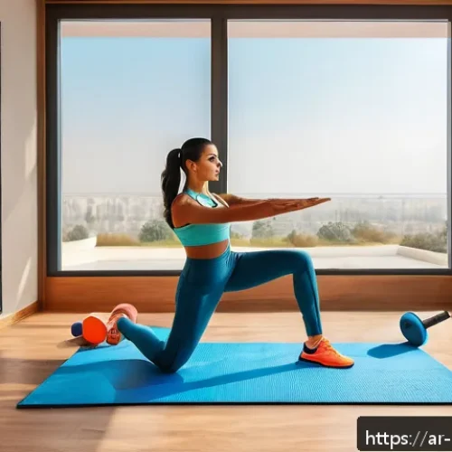 Home 17 홈트 운동의 장점 - A bright and cozy home workout corner designed for an Arabic-speaking user, featuring a comfortable ...