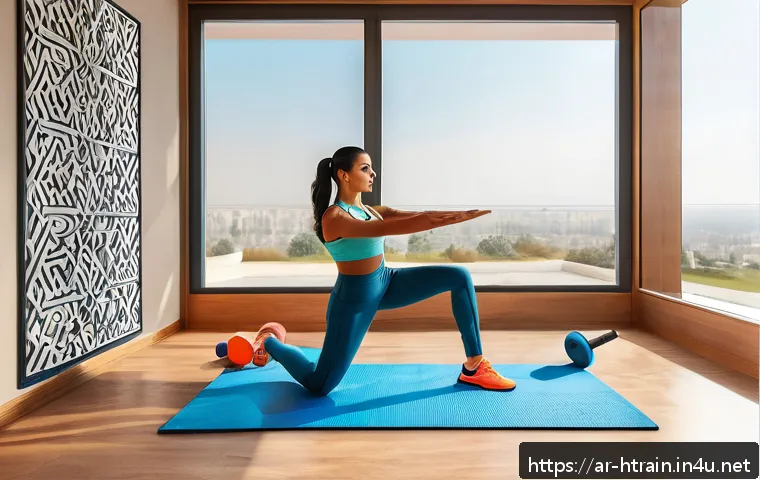 홈트 운동의 장점 - A bright and cozy home workout corner designed for an Arabic-speaking user, featuring a comfortable ...