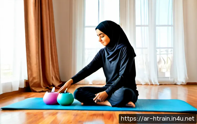 홈트 운동과 생활의 균형 잡기 - Photorealistic bright Arab family living room in the early morning, modestly dressed Arab woman wear...